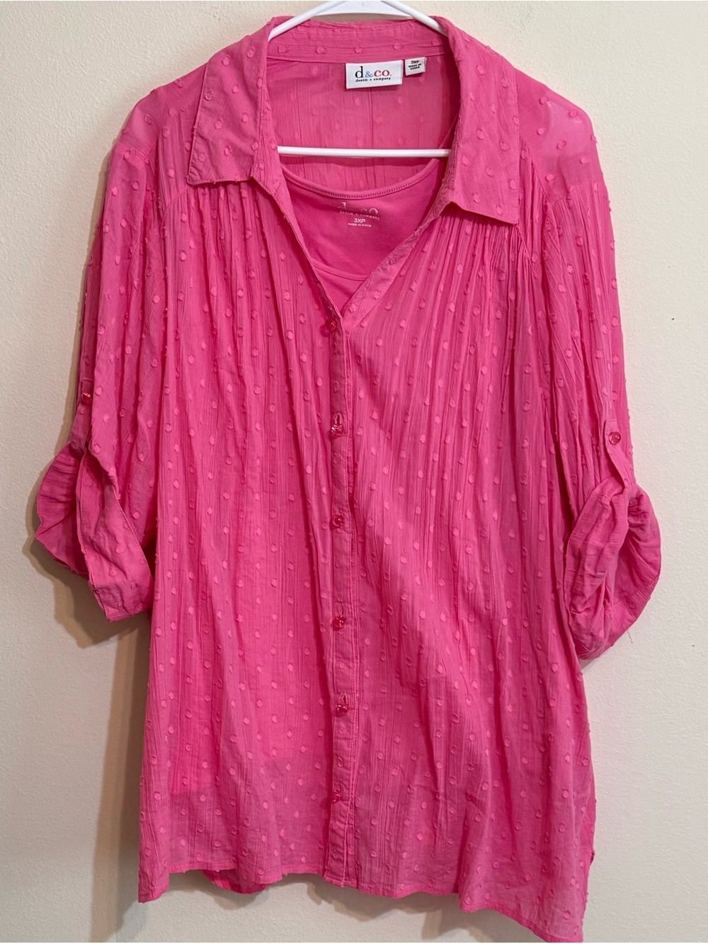 Denim & Co Pink Textured Button-Front Women's Blouse with matching tank 3XP